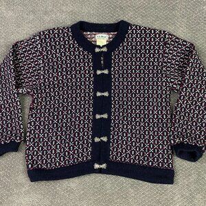 Vintage LL Bean Cardigan Sweater Women's Medium Blue Red White Birdseye Norway